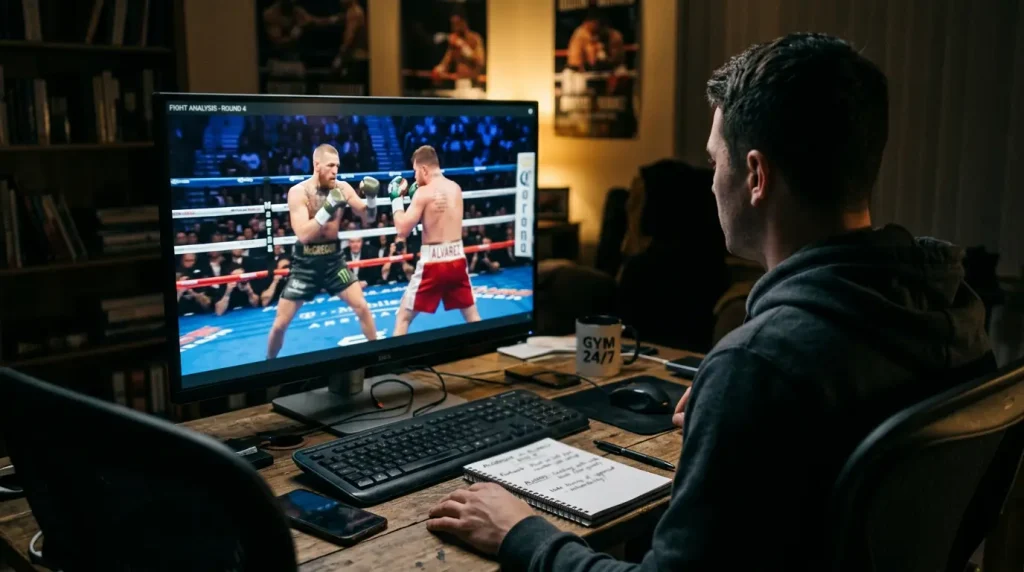 Analyste étudiant les statistiques et le profil d'un combat de boxe avant de parier