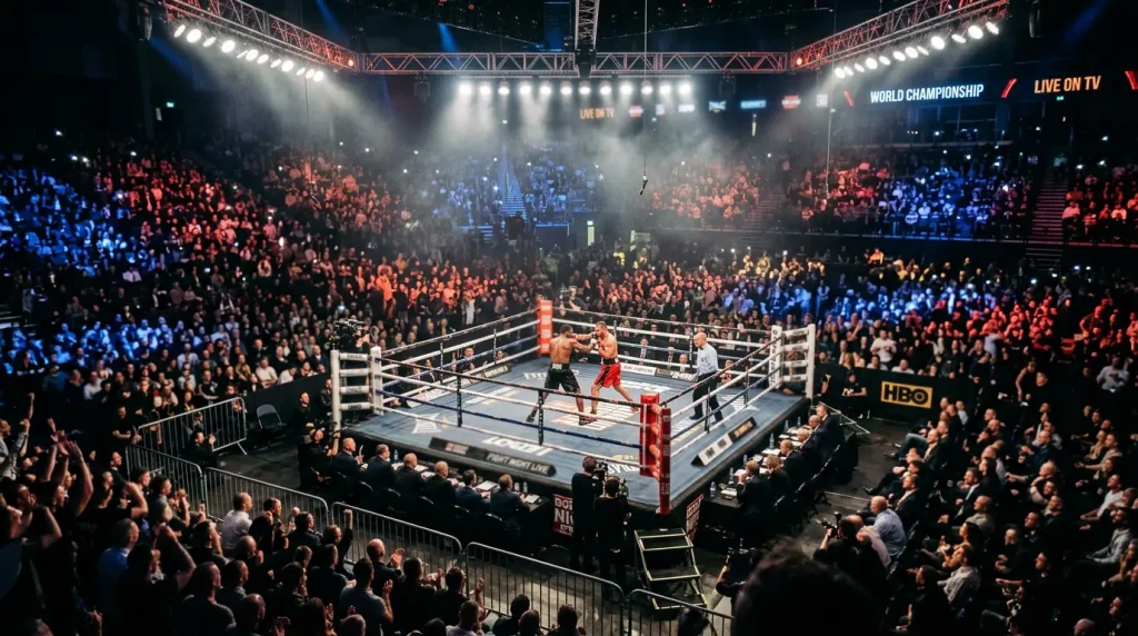 Parieur suivant un combat de boxe en direct pour placer un pari live entre les rounds